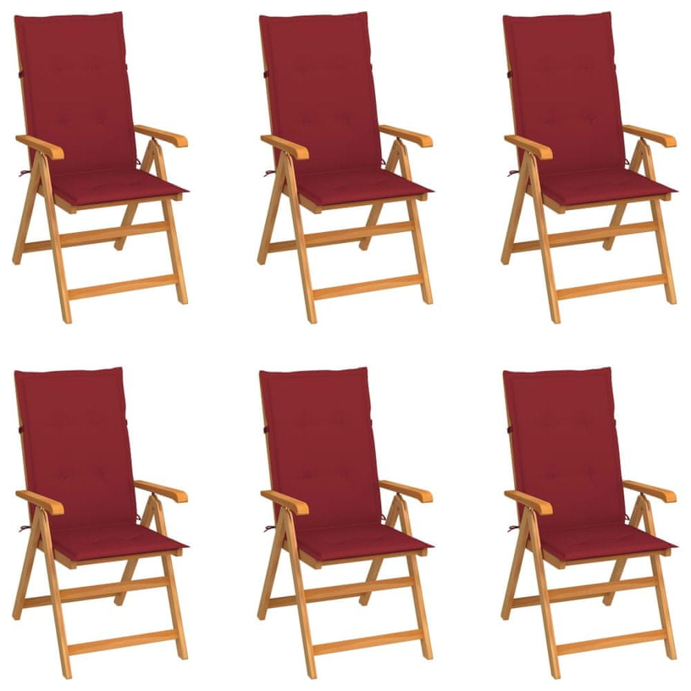 Vidaxl Záhradné stoličky 6 ks, vínovo červené podložky, tíkový masív